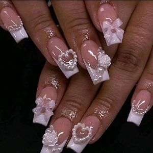 Beautiful Pink And White Beaded Pearl Nails